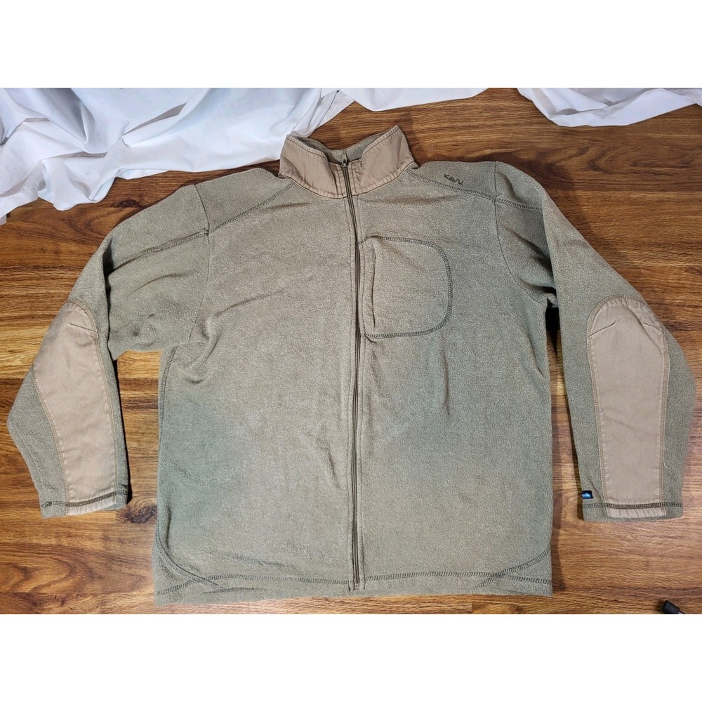 Kavu Fleece Jacket‎ Mens XL Beige Full Zip Zip Chest Pocket Canvas Trim